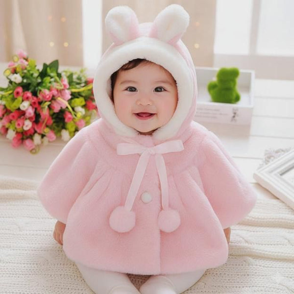 Baby Girl Thick Woolen Hooded Coat – Pink Cartoon Rabbit Design (Ages 1-5)