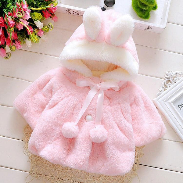 Baby Girl Thick Woolen Hooded Coat – Pink Cartoon Rabbit Design (Ages 1-5)