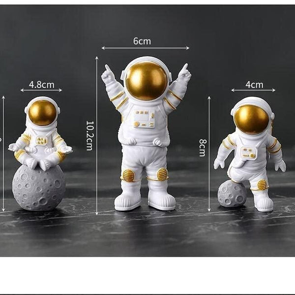 Astronaut Spaceman Statue Ornament Home Office Desktop Figurine Decors Set of 3 - Golden