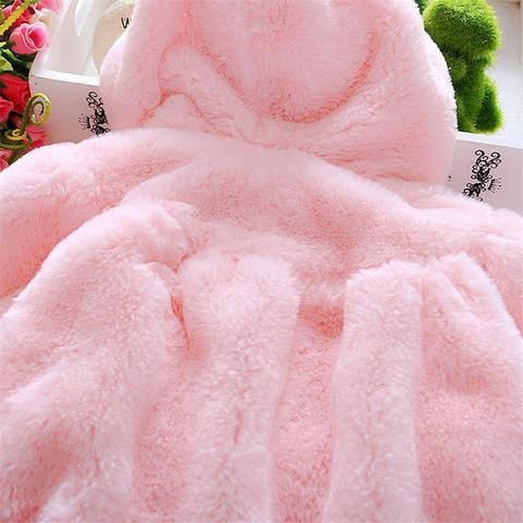 Baby Girl Thick Woolen Hooded Coat – Pink Cartoon Rabbit Design (Ages 1-5)